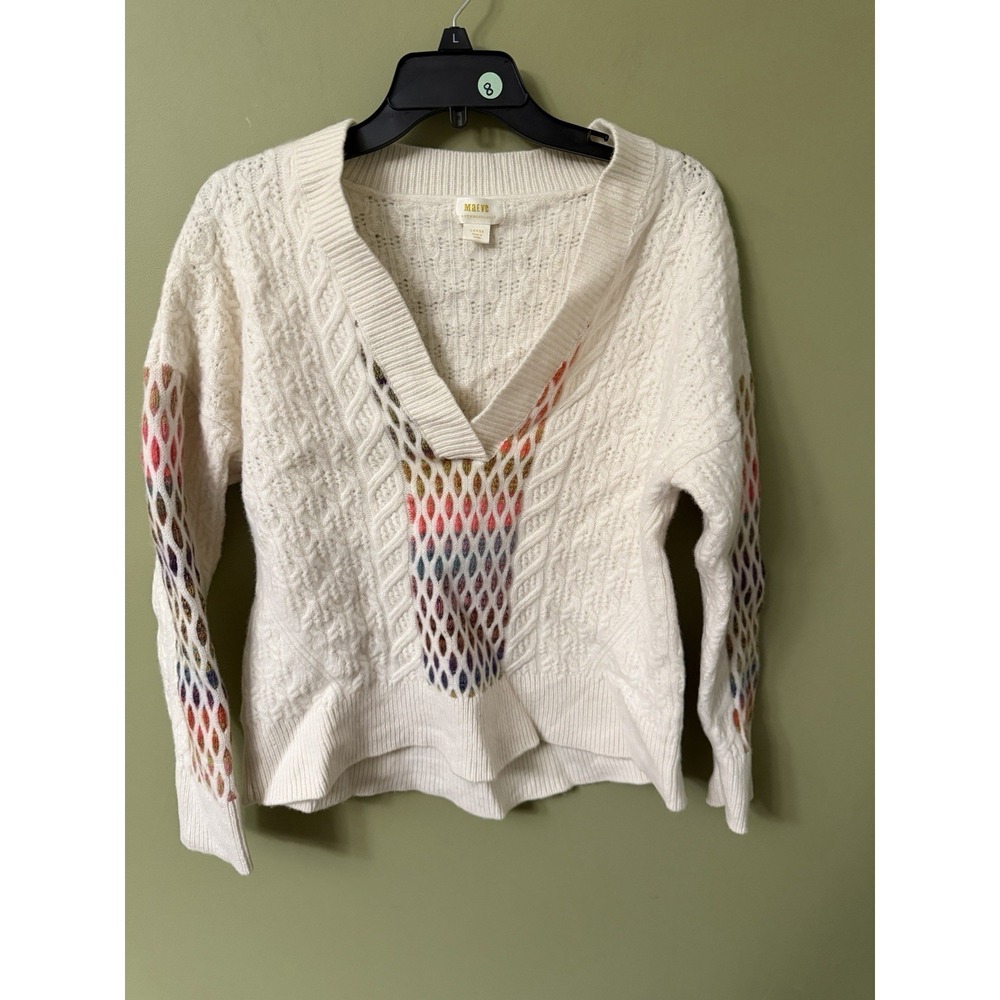 Anthropologie Maeve V-Neck Cable-Knit Lambs Wool Sweater Large Rainbow Boho Soft